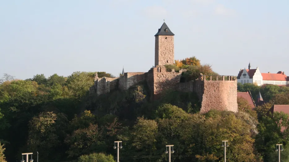 Zu sehen ist eine steinerne Burg mit einem Turm, die umgeben ist von Bäumen.